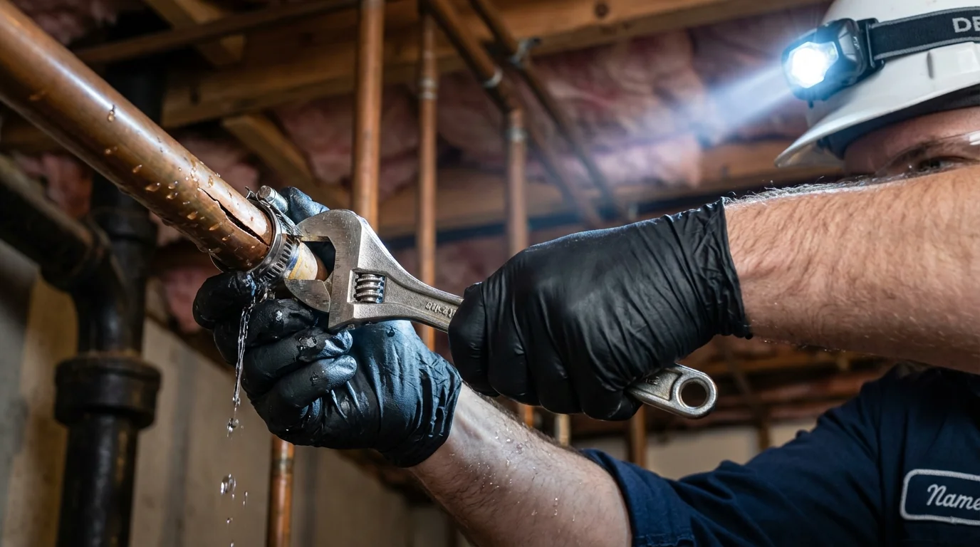 Emergency pipe clamp repair being performed by a Johns Plumbing LLC plumber in Lamesa