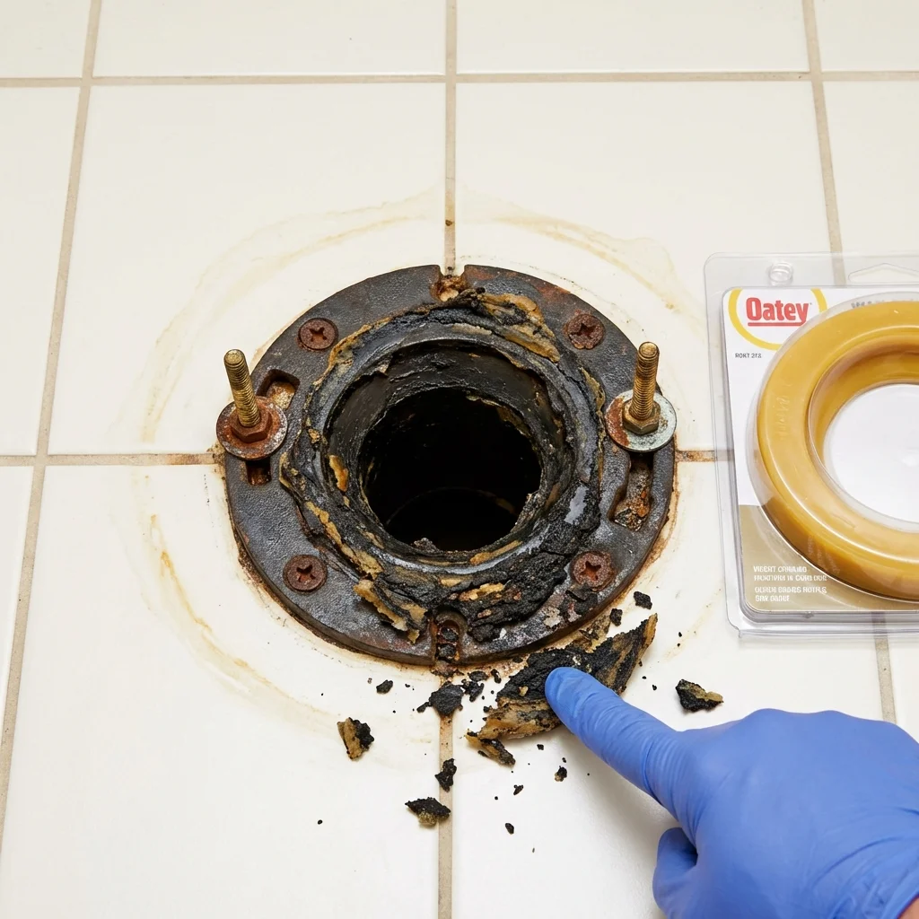 Failed wax ring showing water seepage at the base of a toilet in a Lamesa, TX home